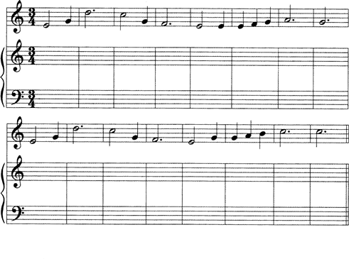 用三行谱为下面的歌曲配写钢琴伴奏,并在下方标出和弦级数.